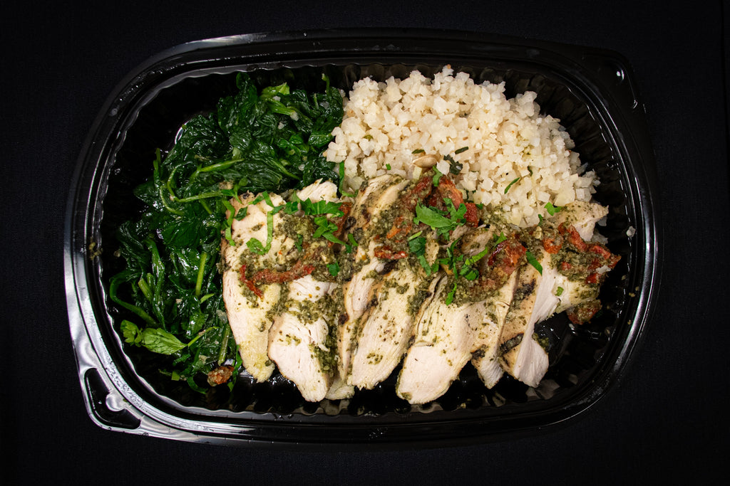 Grilled Pesto Chicken with Cauliflower Rice & Spinach