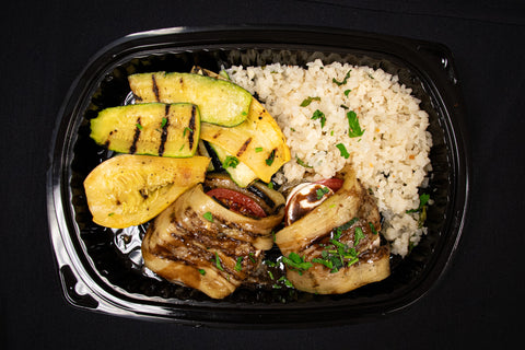 Grilled Tomato Mozzarella Eggplant with Zucchini/Squash & Cauliflower Rice