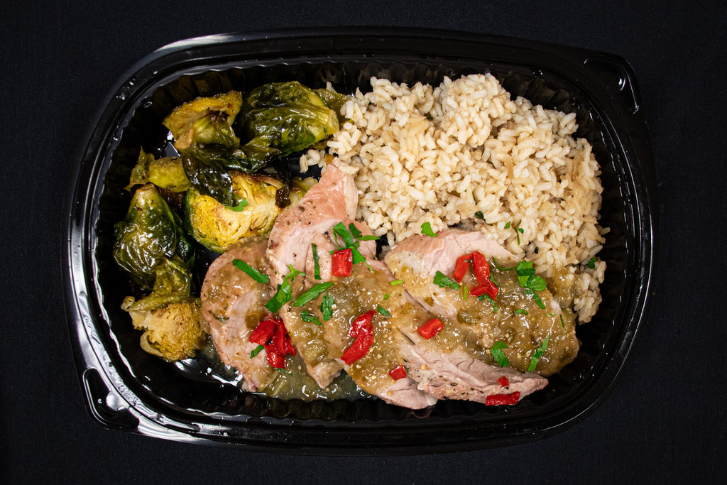 Salsa Verde Pork Tenderloins with Brown Rice & Brussel Sprouts